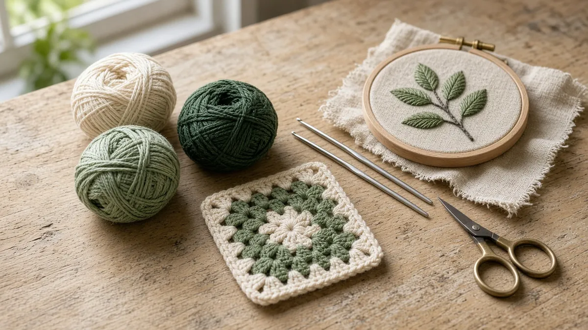 Crochet and embroidery workbench with yarn, hooks and a finished coaster