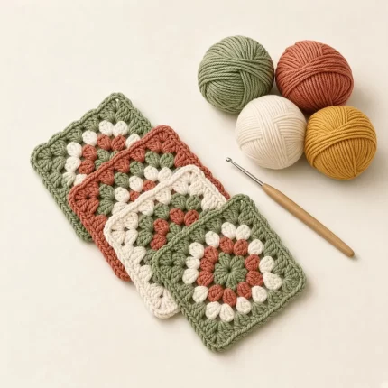 Granny square crochet coaster kit for beginners with four coasters, yarn and hook