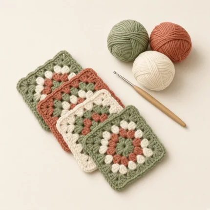 Granny square crochet coaster kit for beginners with four coasters, yarn and hook