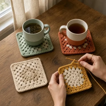 Four crochet granny square coasters on a wooden table