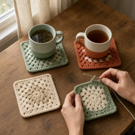 Four crochet granny square coasters on a wooden table