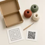 Unboxed granny square coaster kit contents laid out