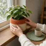 Crochet pot cover shown on a potted plant (plant and pot not included)
